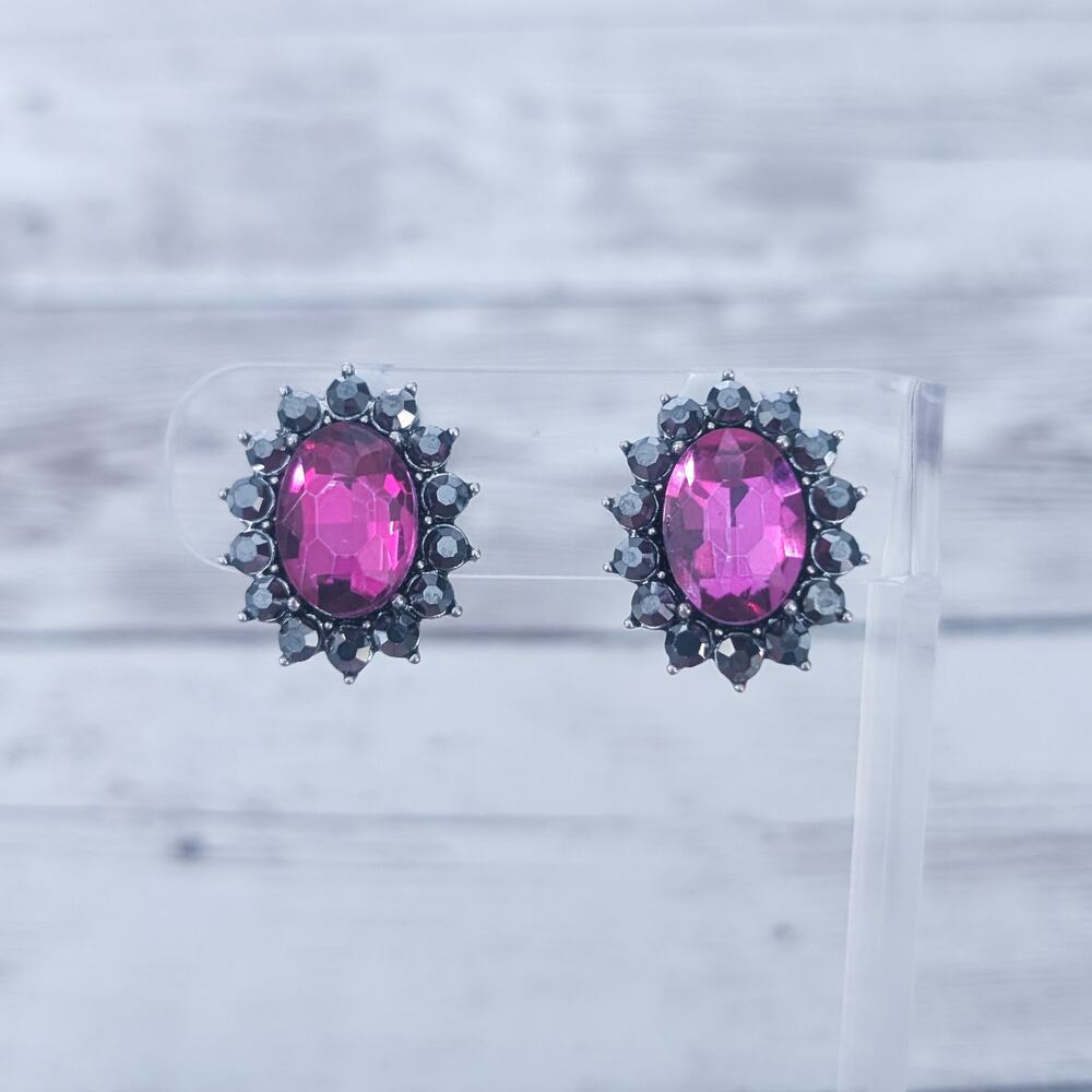 Vintage Clip On Earrings Regal Statement Pink & Black Gems Oval